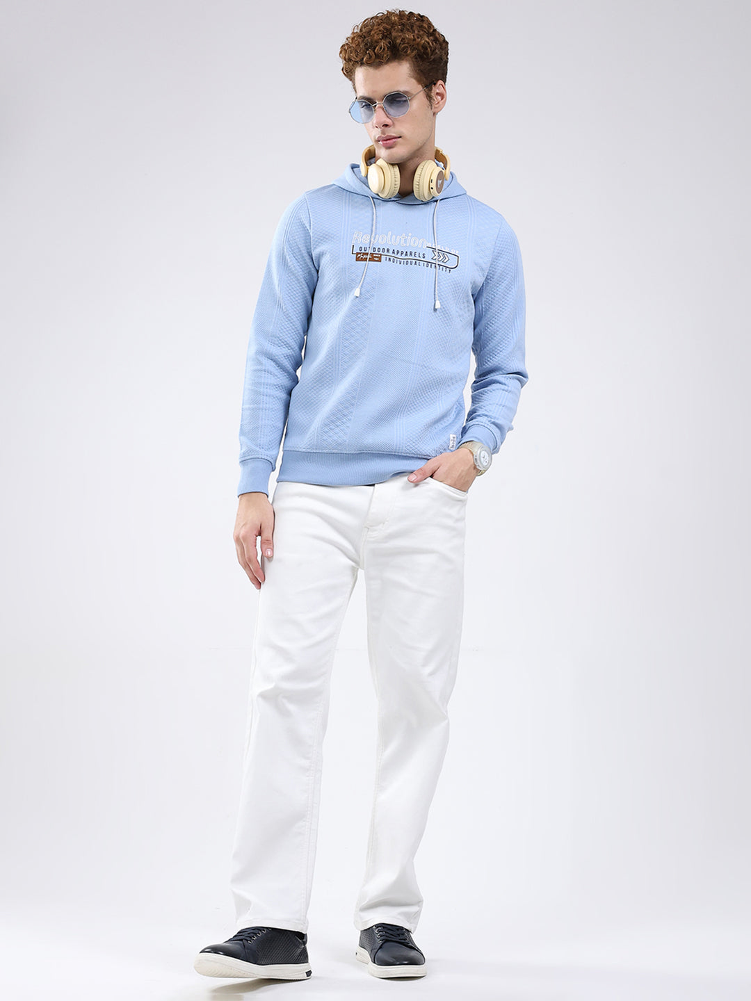Men Sky Blue Printed Hooded Full Sleeve Sweatshirt