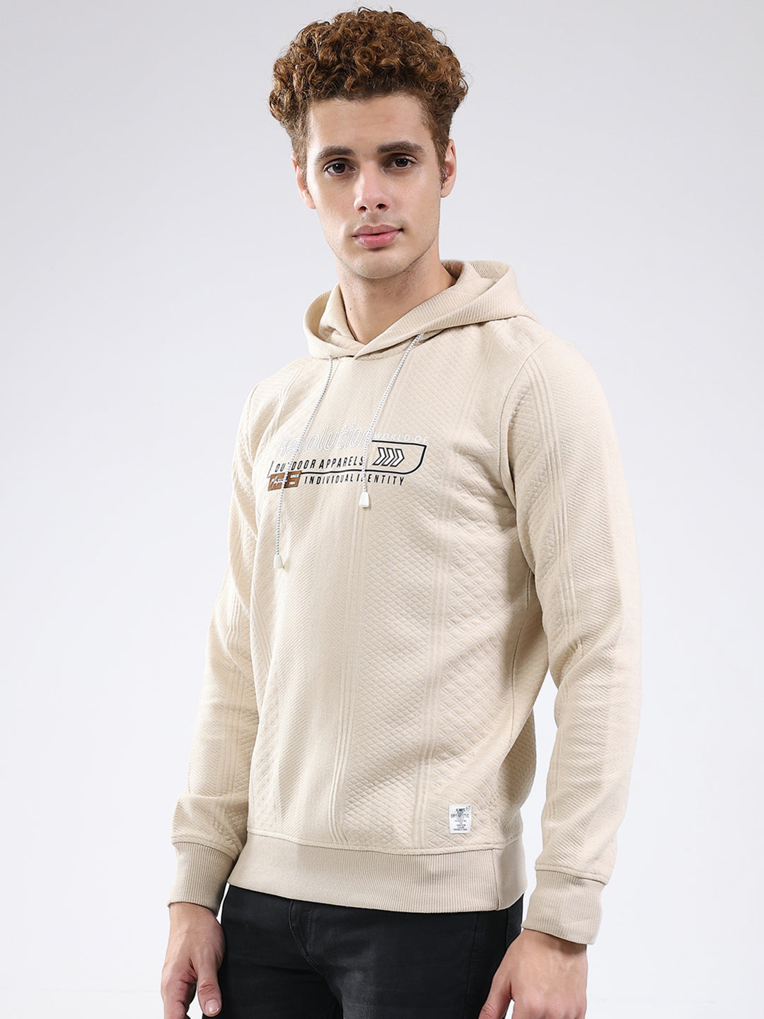 Men Beige Printed Hooded Full Sleeve Sweatshirt