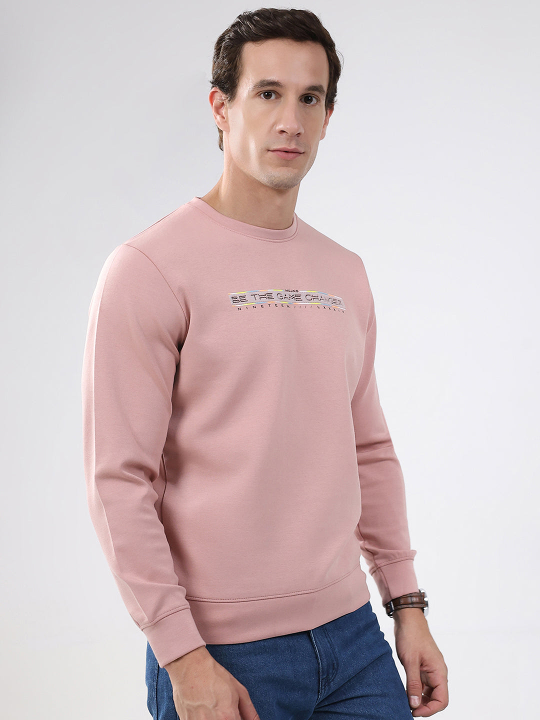 Men Peach Solid Round Neck Full Sleeve Sweatshirt