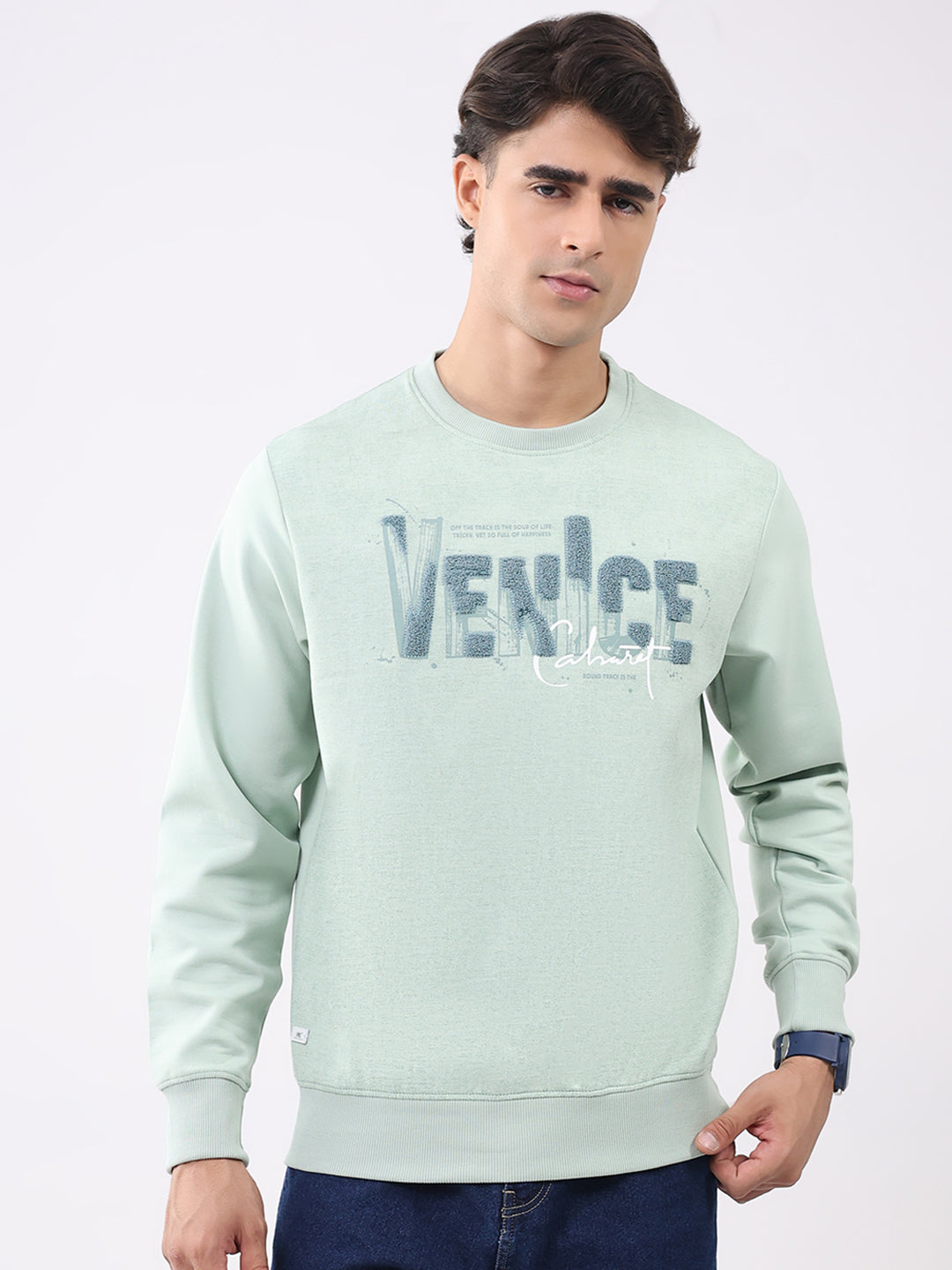 Men Green Printed Round Neck Full Sleeve Sweatshirt