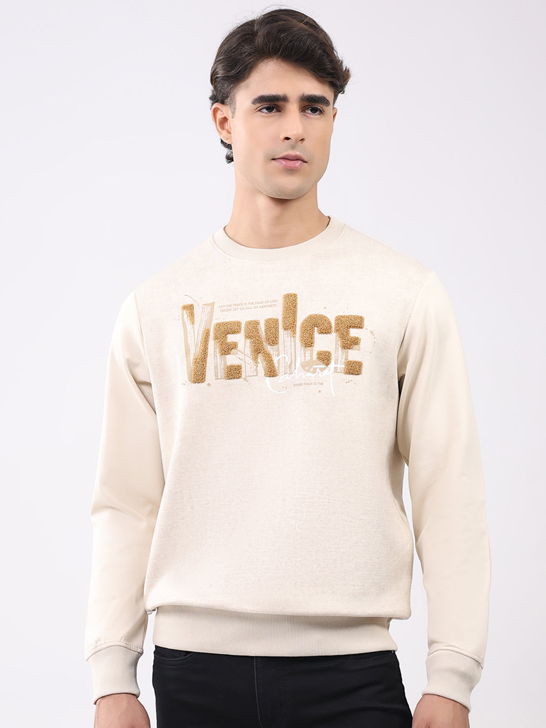 Men Beige Printed Round Neck Full Sleeve Sweatshirt