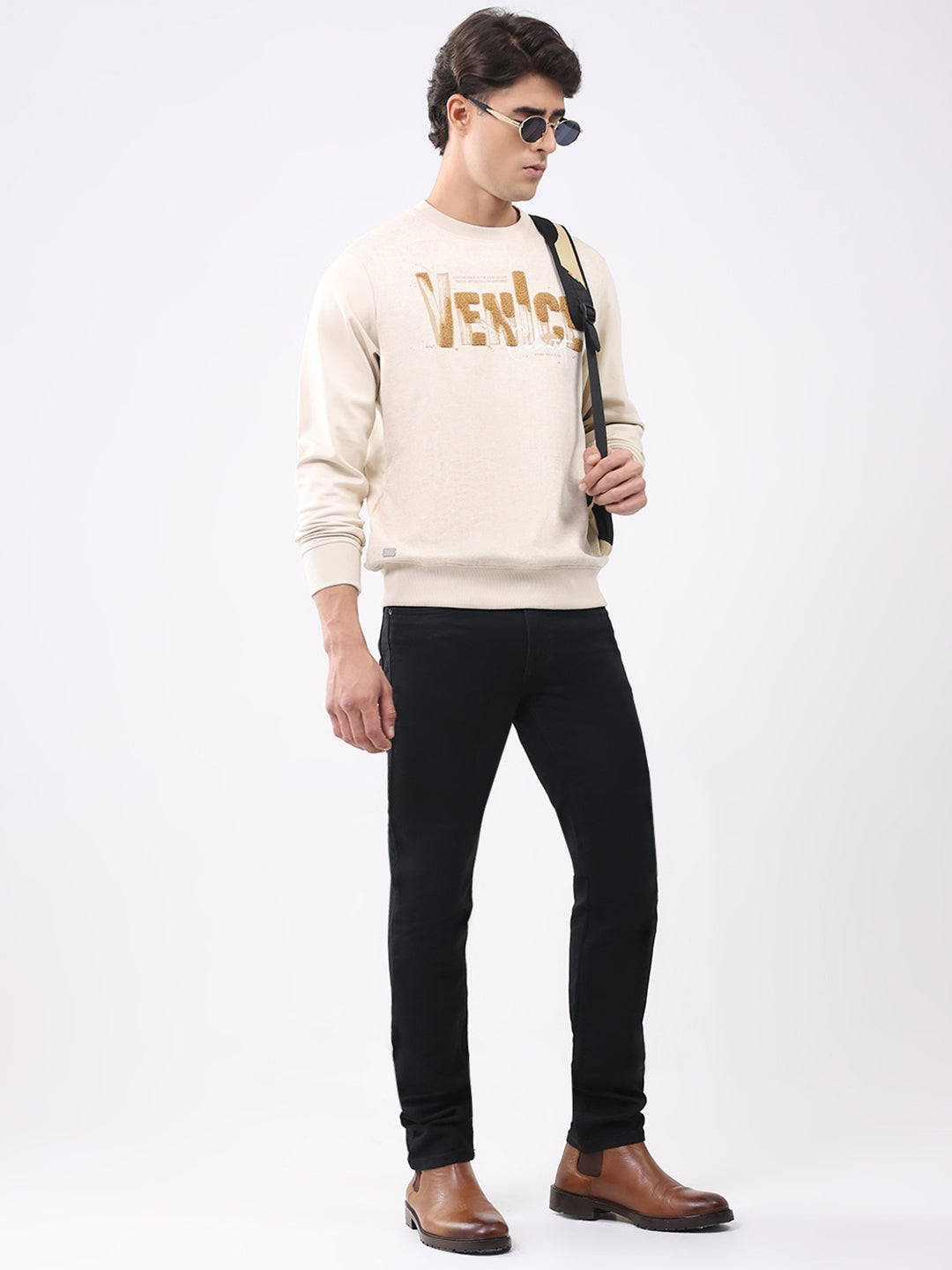 Men Beige Printed Round Neck Full Sleeve Sweatshirt