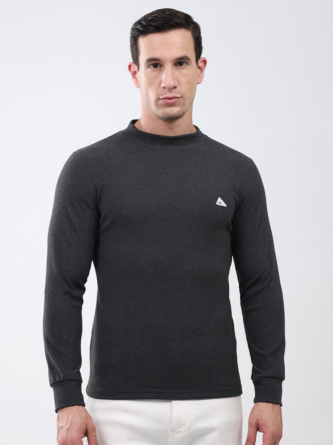 Men Charcoal Solid Round Neck Full Sleeve Winter T-Shirt