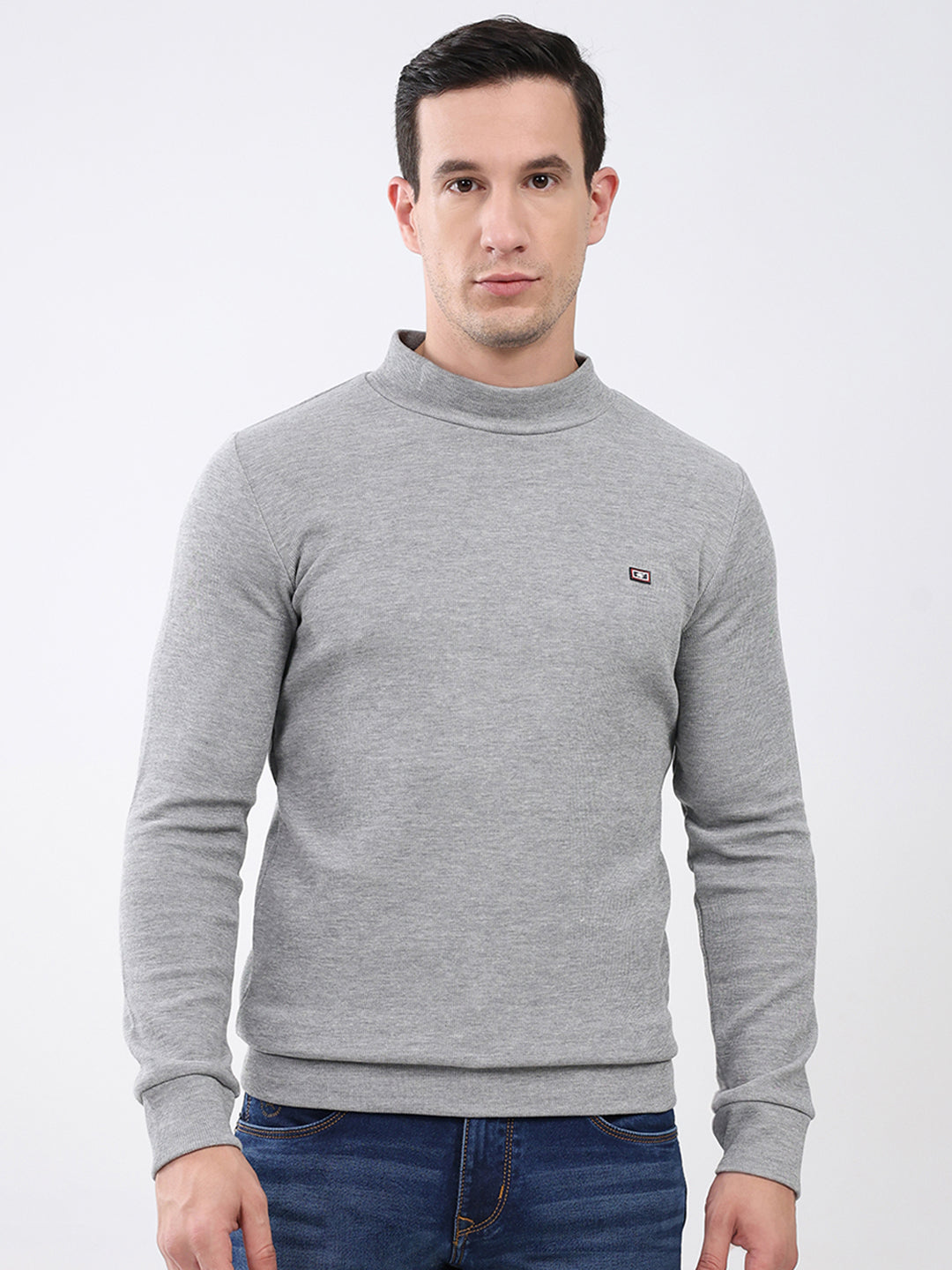 Men Grey Solid Mock Neck Full Sleeve Winter T-Shirt