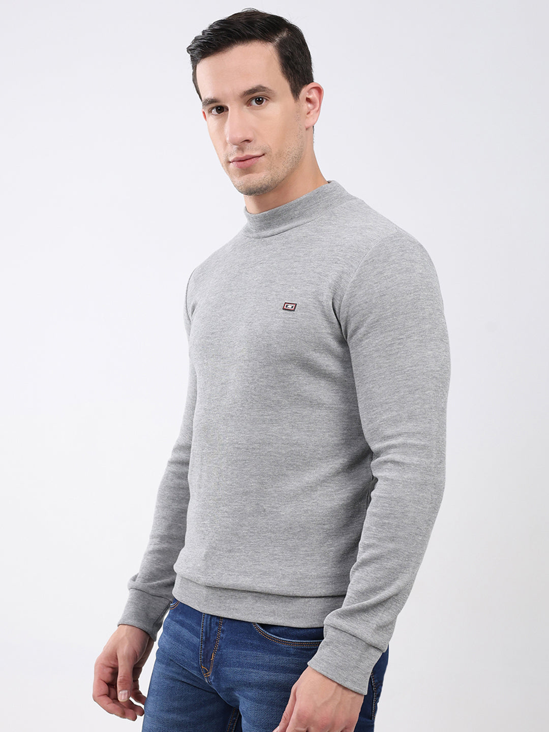 Men Grey Solid Mock Neck Full Sleeve Winter T-Shirt