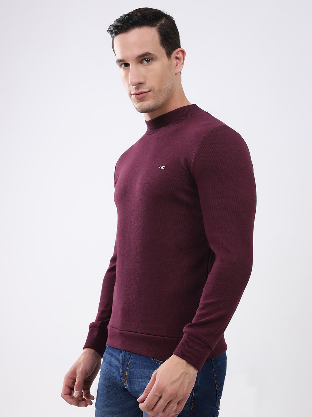 Men Maroon Solid Mock Neck Full Sleeve Winter T-Shirt