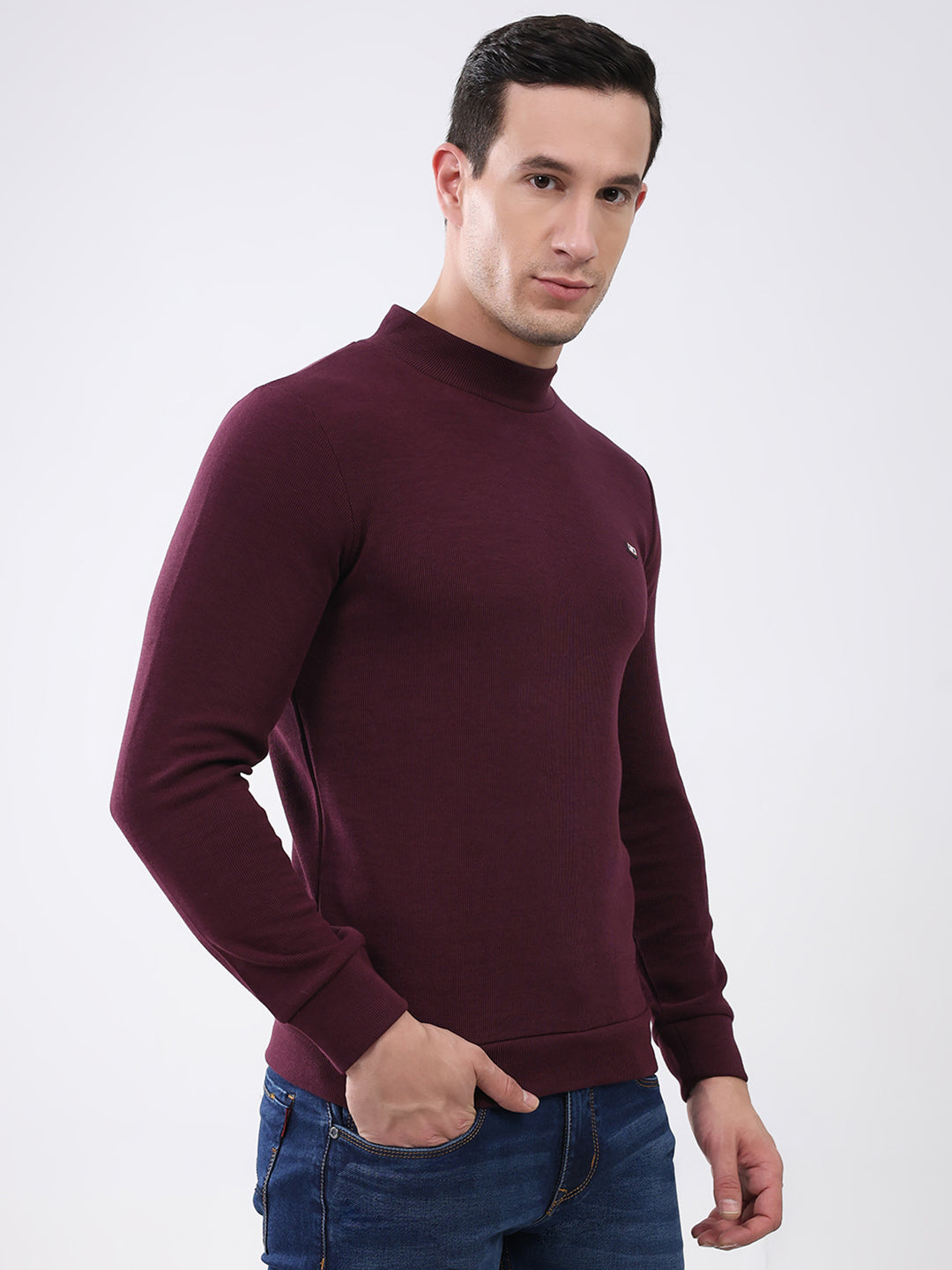 Men Maroon Solid Mock Neck Full Sleeve Winter T-Shirt