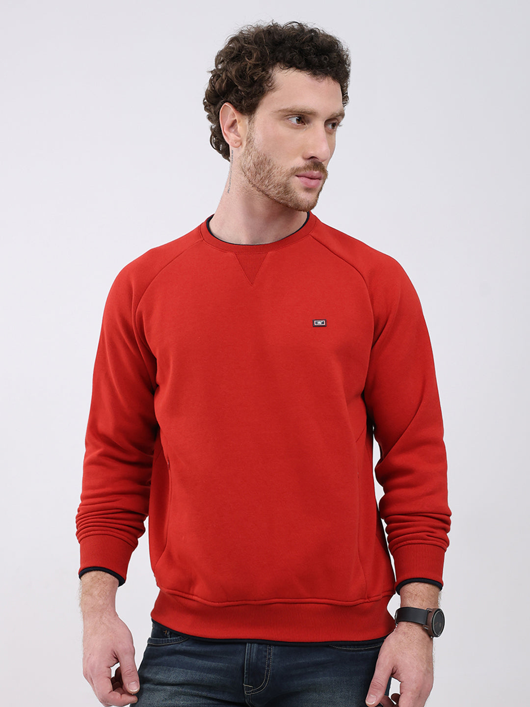 Men Red Printed Round Neck Full Sleeve Sweatshirt