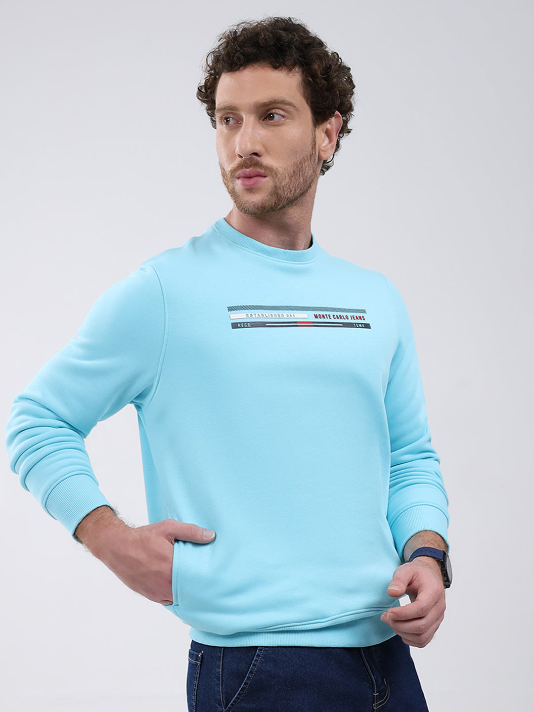 Men Turquoise Blue Printed Round Neck Full Sleeve Sweatshirt