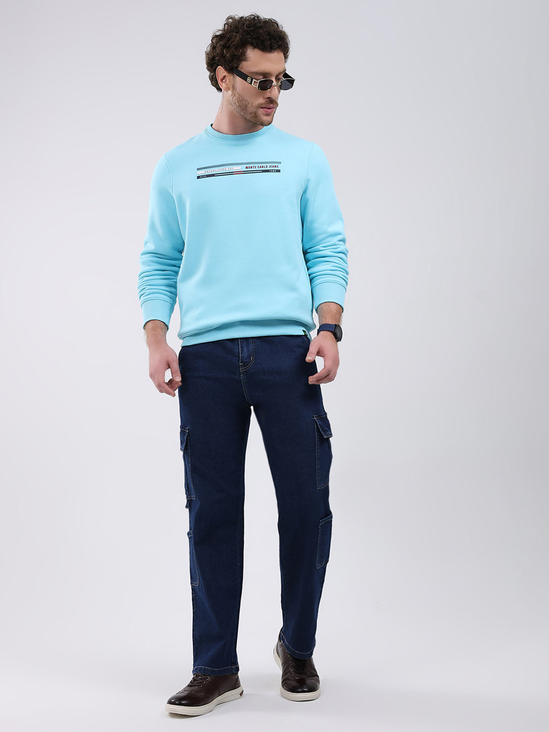 Men Turquoise Blue Printed Round Neck Full Sleeve Sweatshirt