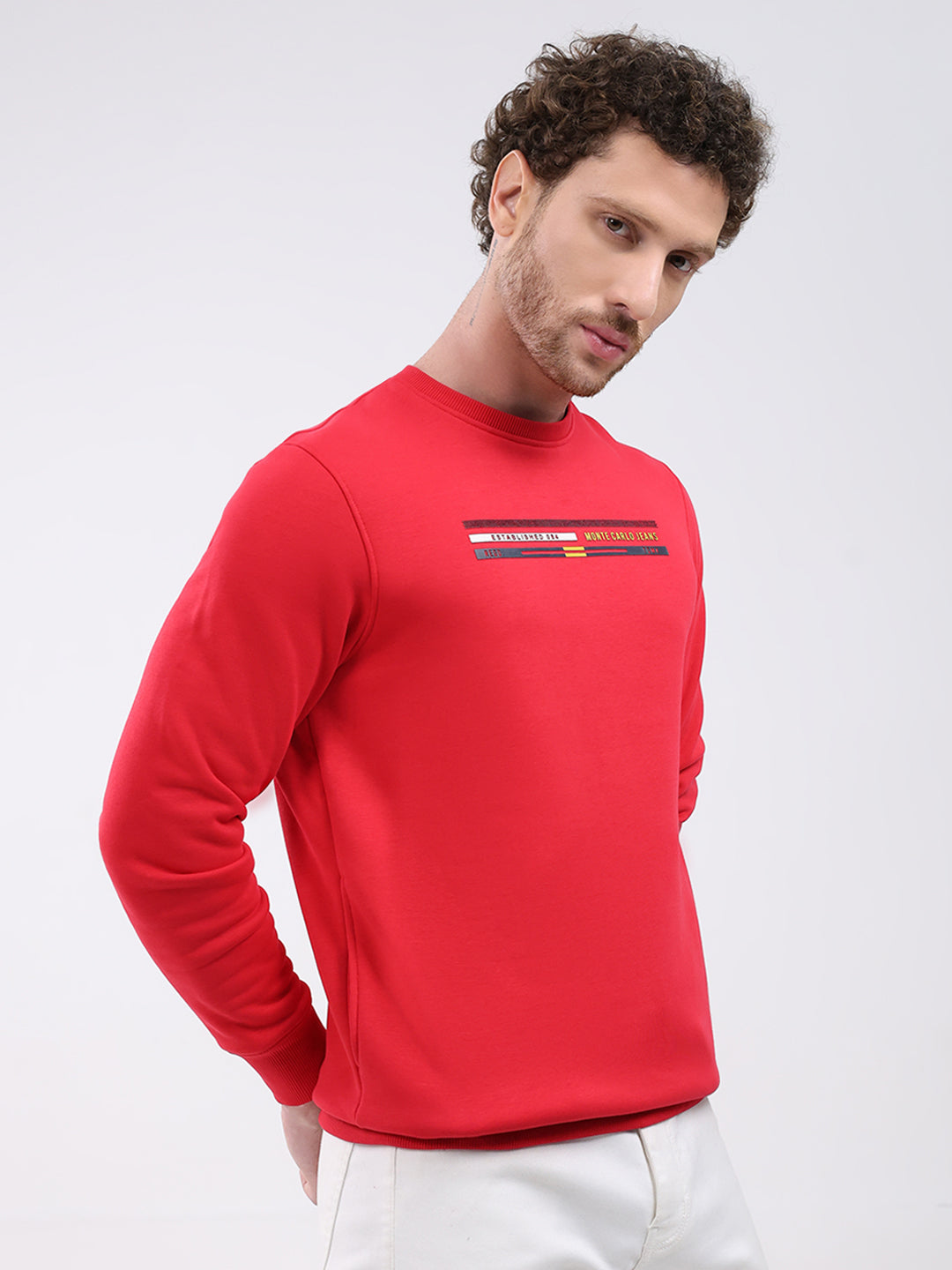 Men Red Printed Round Neck Full Sleeve Sweatshirt