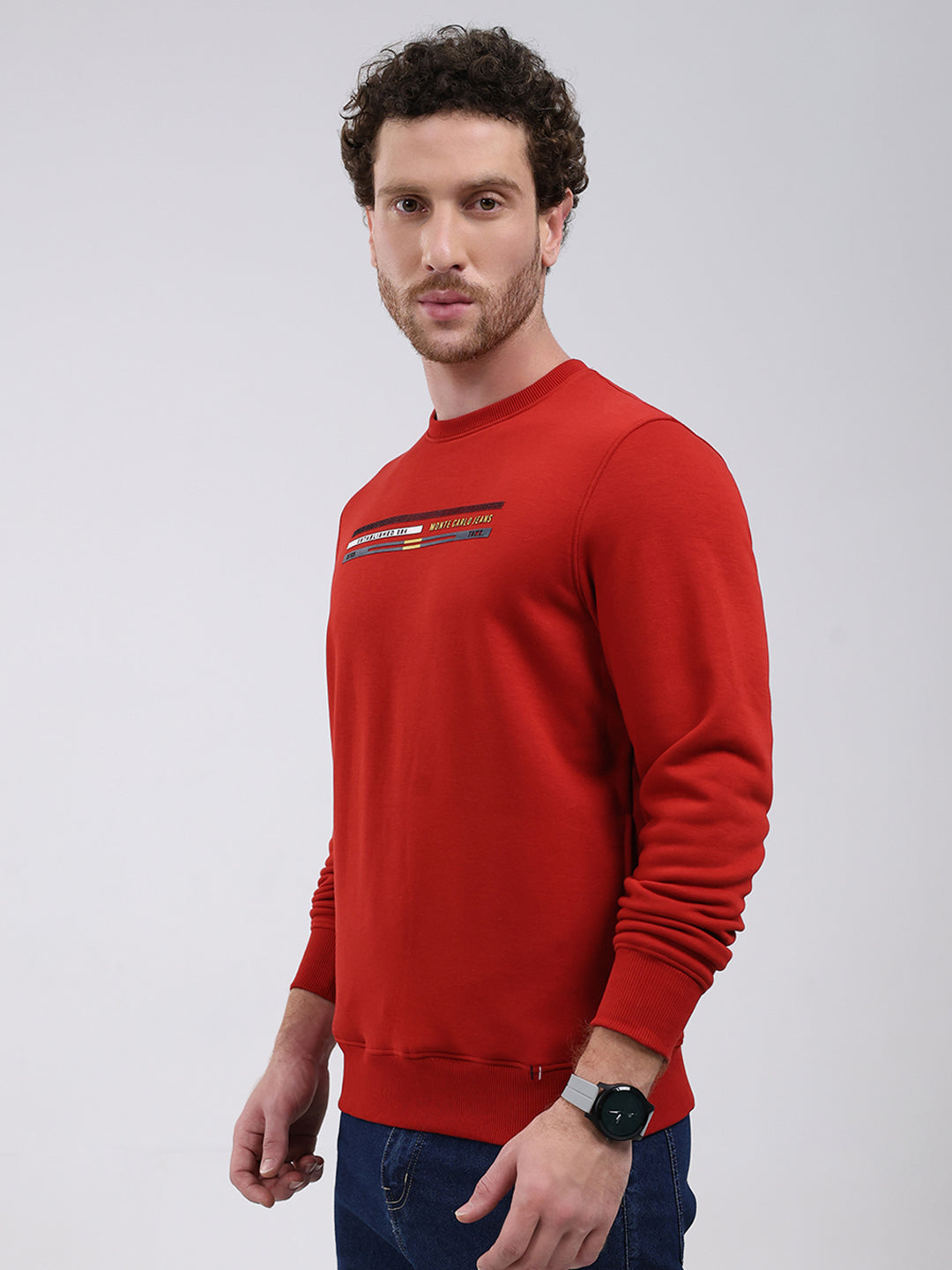 Men Rust Printed Round Neck Full Sleeve Sweatshirt
