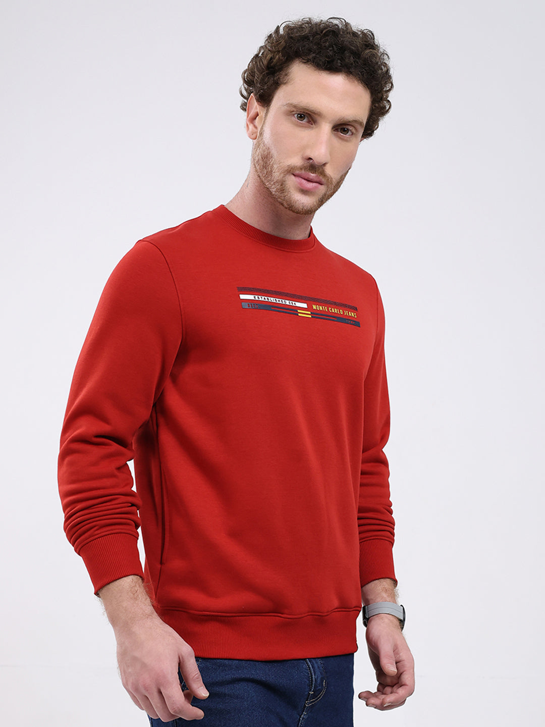 Men Rust Printed Round Neck Full Sleeve Sweatshirt