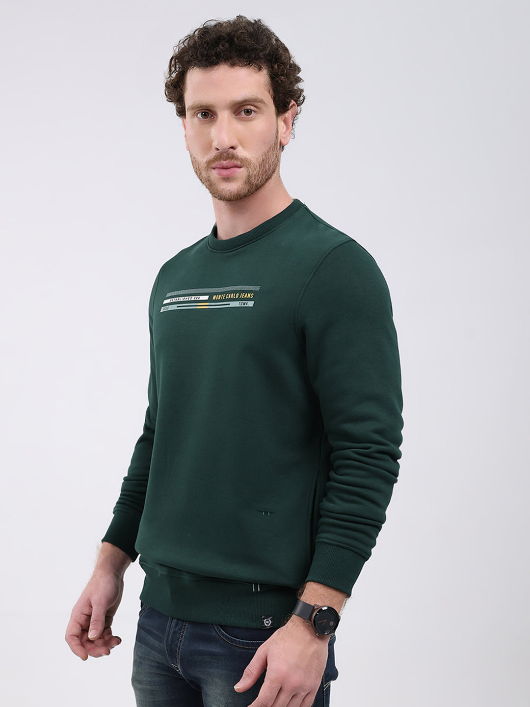Men Green Printed Round Neck Full Sleeve Sweatshirt