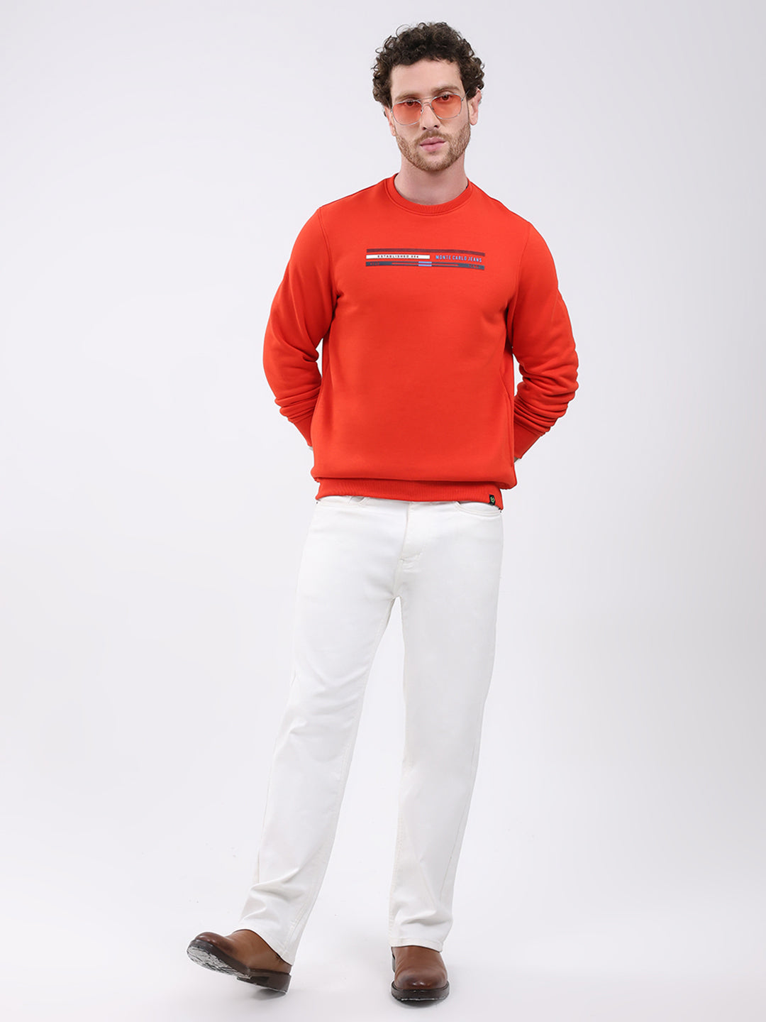 Men Orange Printed Round Neck Full Sleeve Sweatshirt