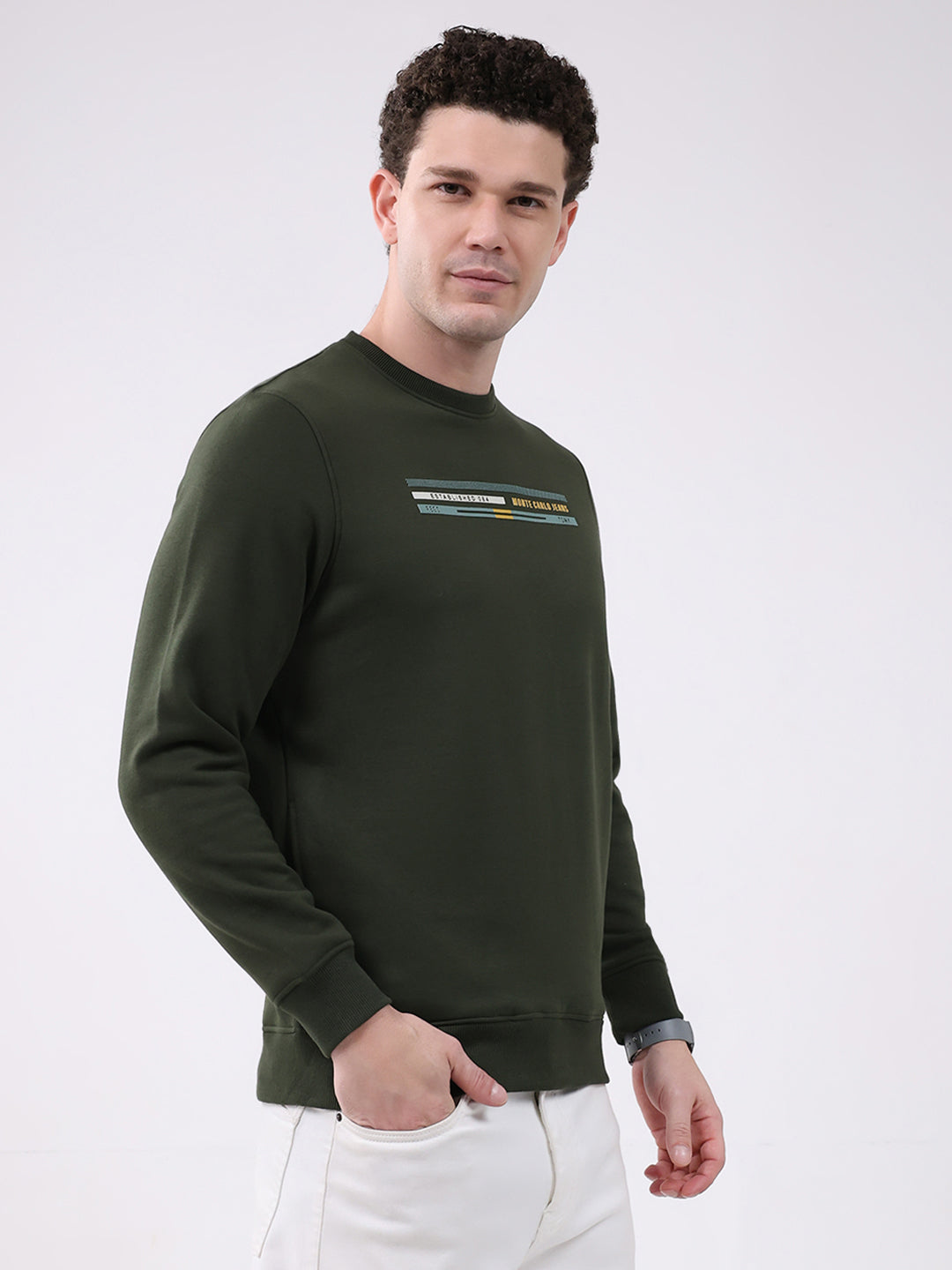 Men Olive Printed Round Neck Full Sleeve Sweatshirt