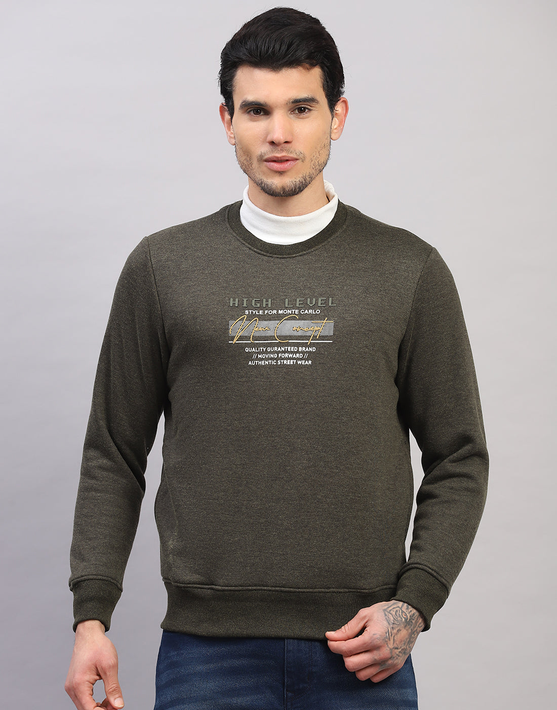 Men Olive Printed Round Neck Full Sleeve Sweatshirt
