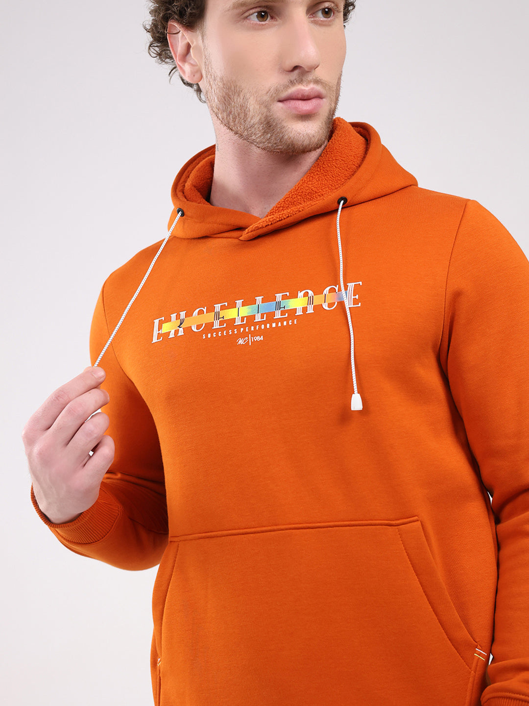 Men Orange Printed Hooded Full Sleeve Sweatshirt