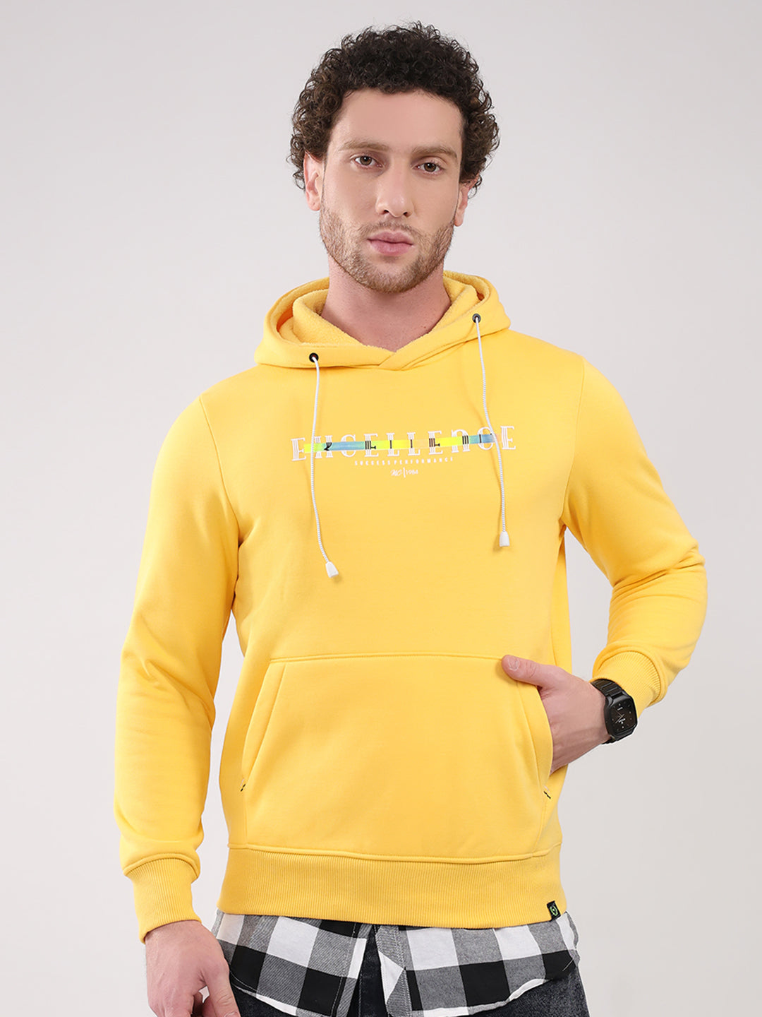 Men Yellow Printed Hooded Full Sleeve Sweatshirt
