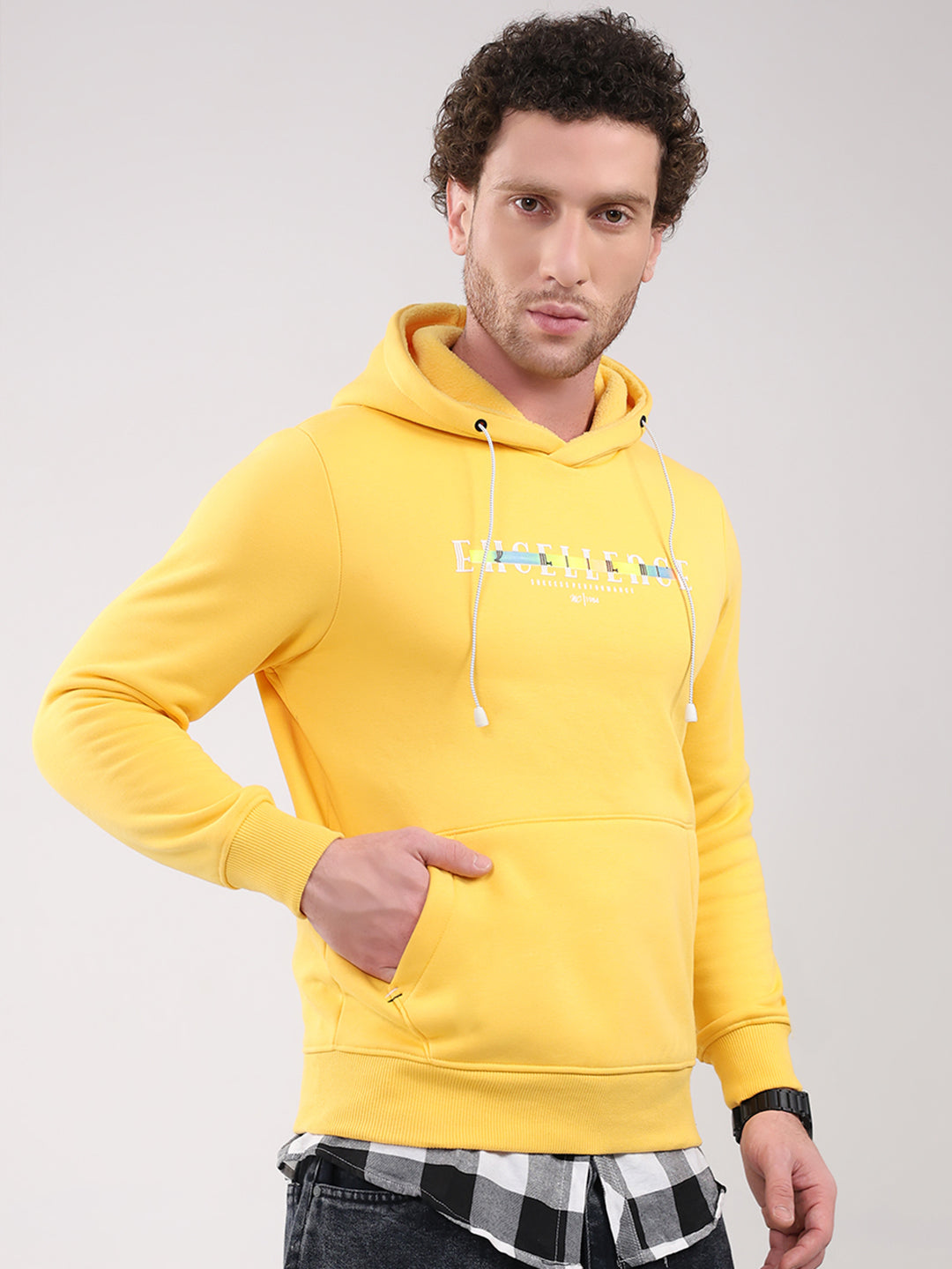 Men Yellow Printed Hooded Full Sleeve Sweatshirt