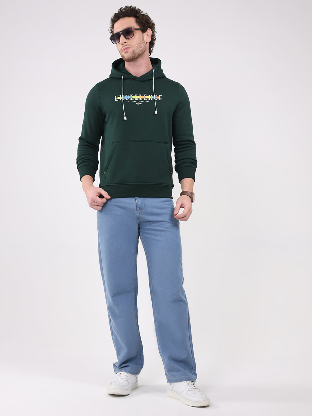 Men Green Printed Hooded Full Sleeve Sweatshirt