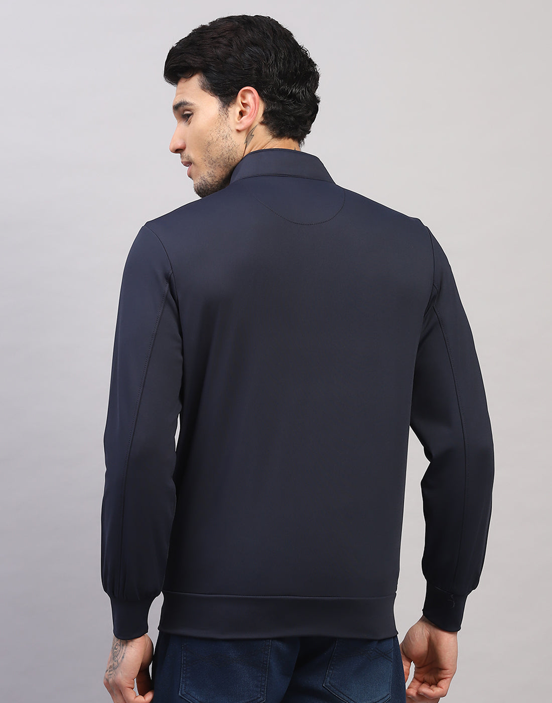 Men Navy Blue Solid Collar Full Sleeve Sweatshirt