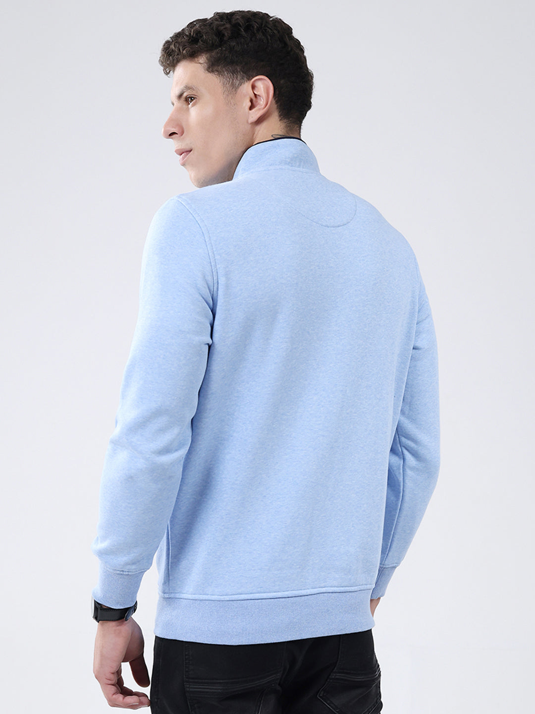 Men Blue Solid Mock Neck Full Sleeve Sweatshirt