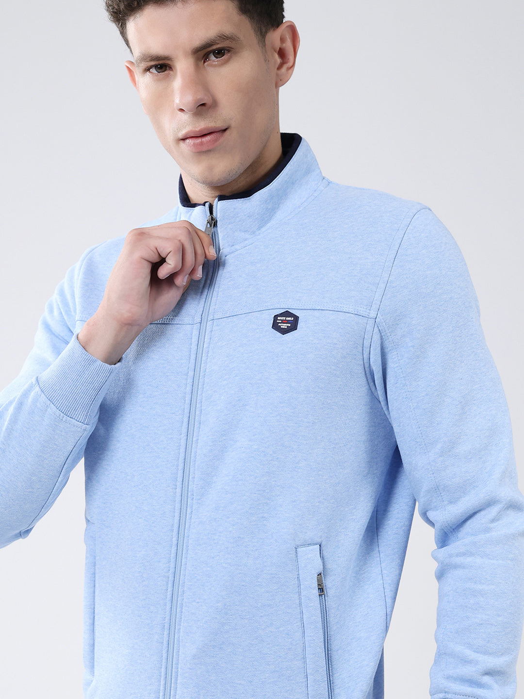 Men Blue Solid Mock Neck Full Sleeve Sweatshirt