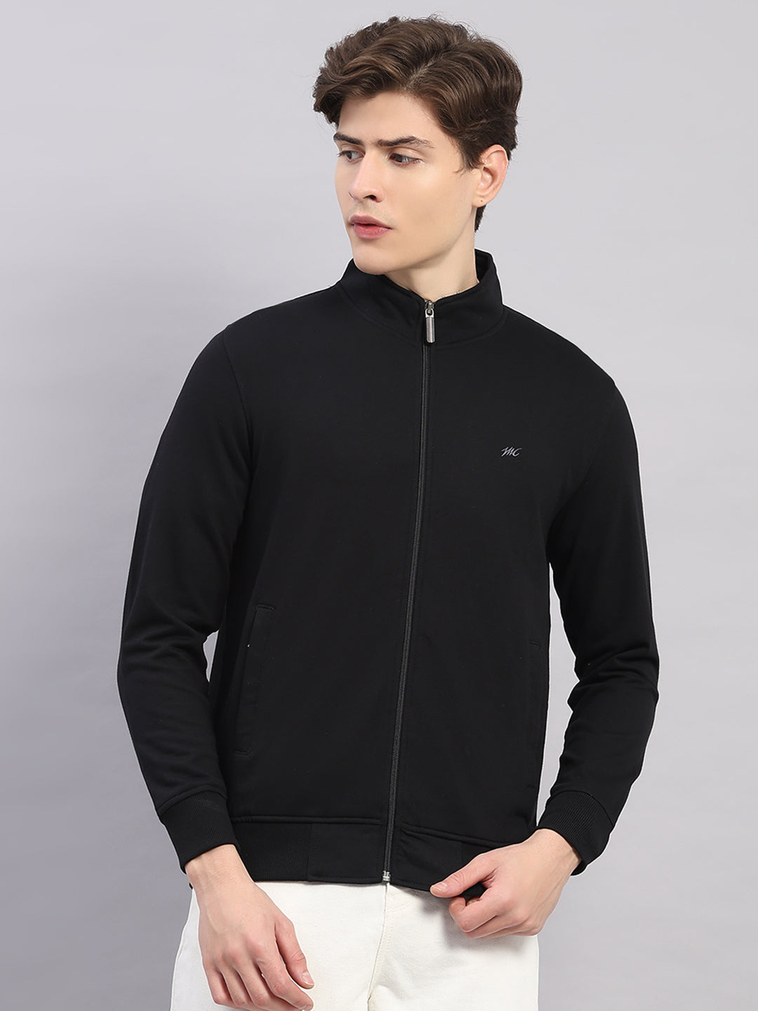 Men Black Solid Stand Collar Full Sleeve Sweatshirt