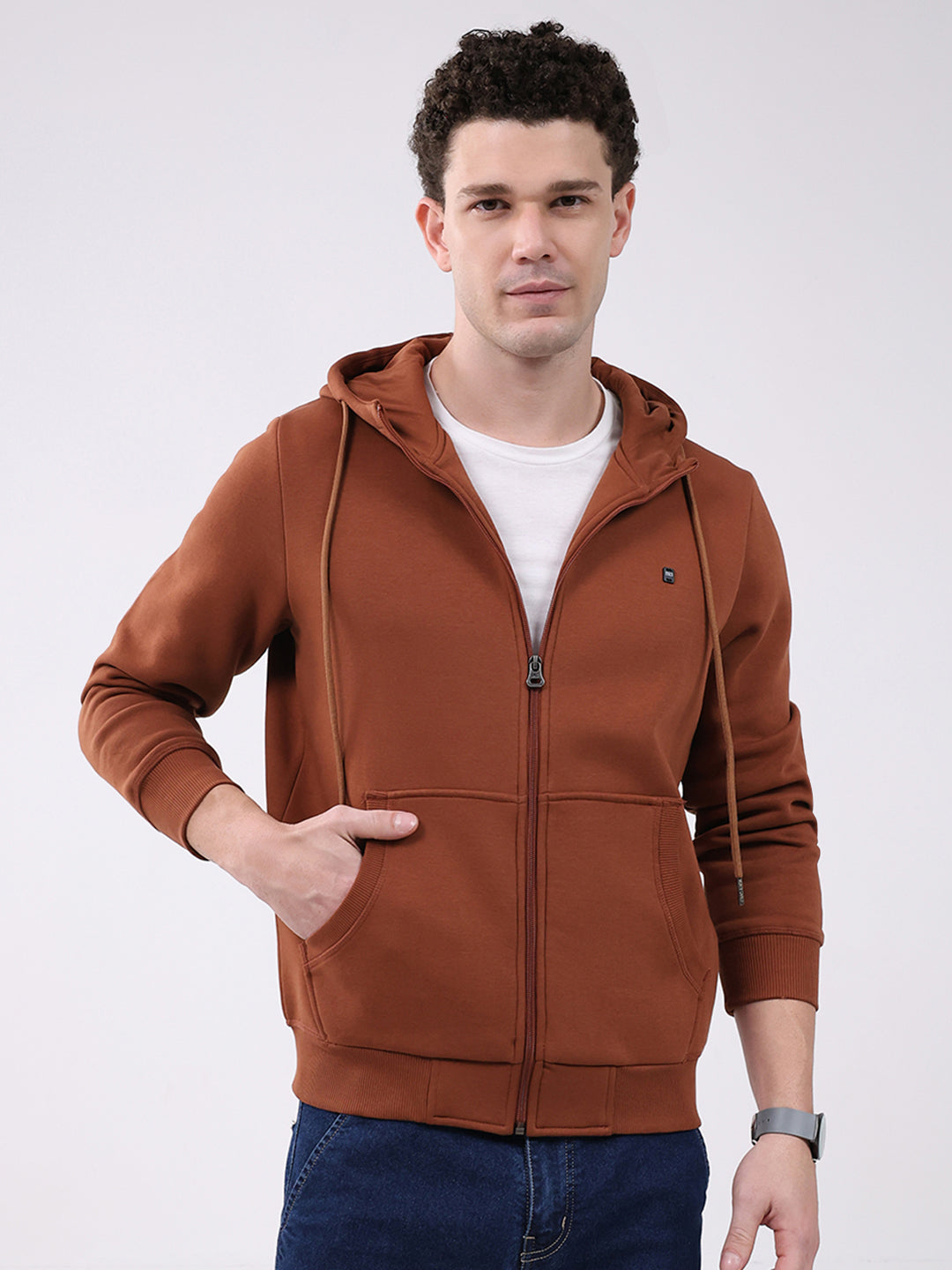 Men Brown Solid Hooded Full Sleeve Sweatshirt