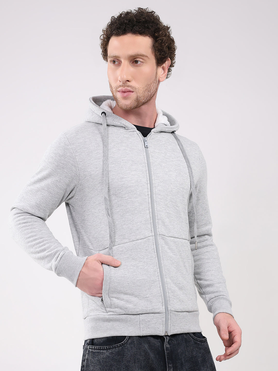 Men Grey Solid Hooded Full Sleeve Sweatshirt