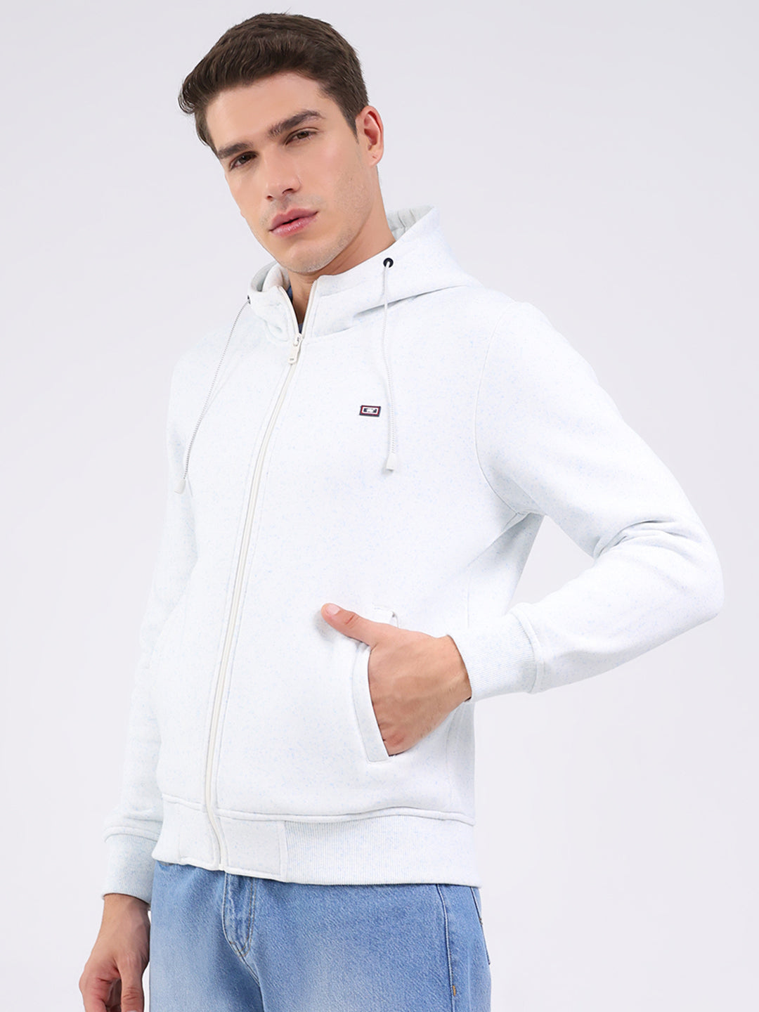 Men Off White Solid Hooded Full Sleeve Sweatshirt
