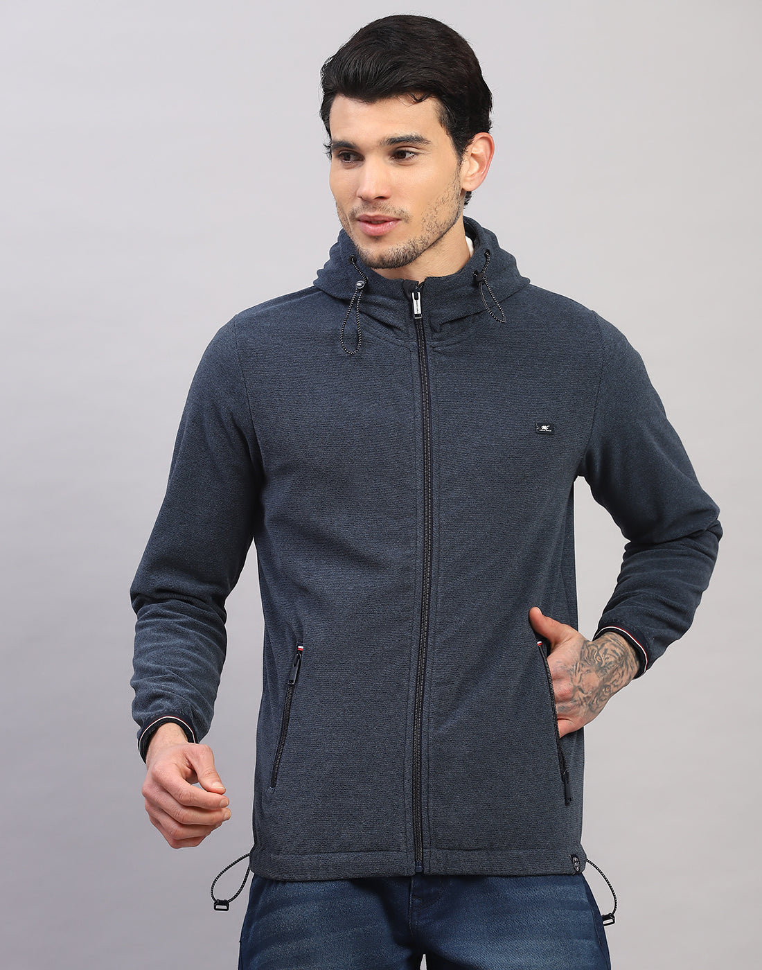 Men Blue Solid Hooded Full Sleeve Sweatshirt