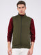 Men Olive Solid Mock Neck Sleeveless Sweatshirt