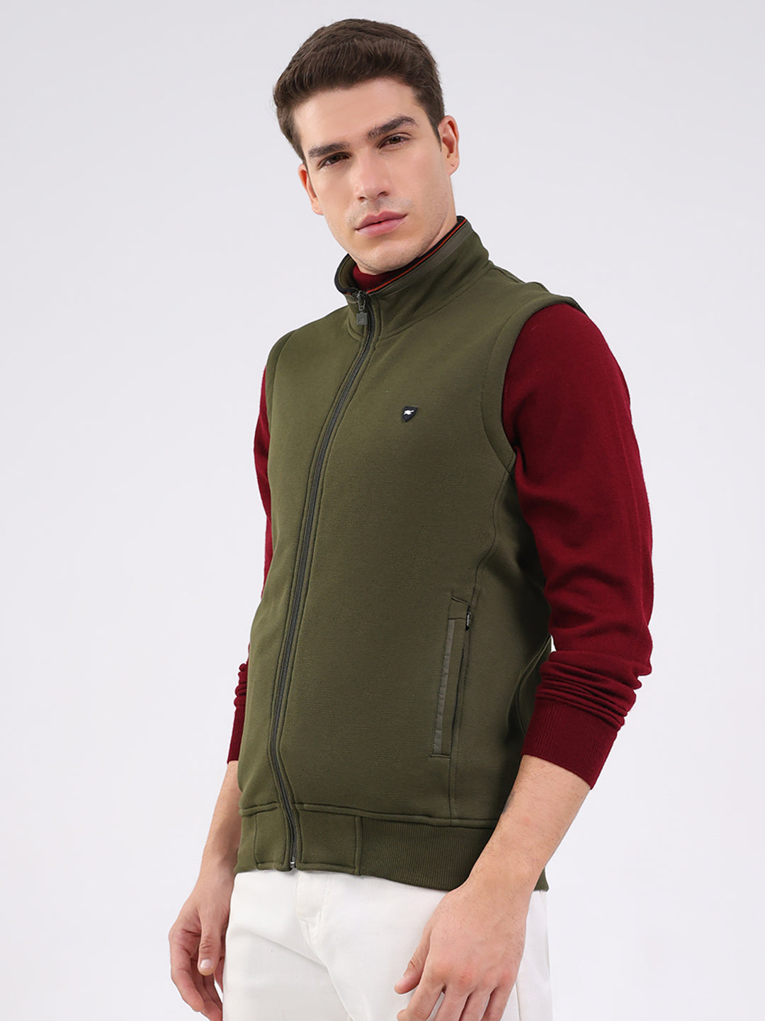 Men Olive Solid Mock Neck Sleeveless Sweatshirt