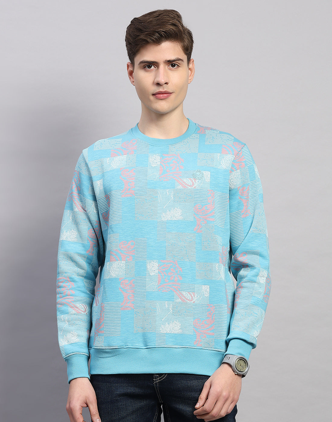 Men Sky Blue Printed Round Neck Full Sleeve Sweatshirt