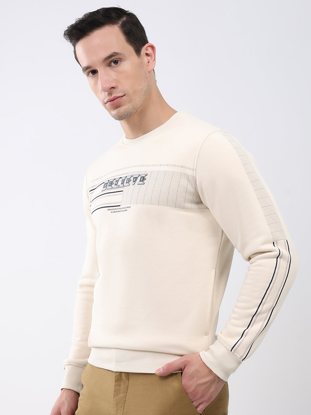 Men Beige Printed Round Neck Full Sleeve Sweatshirt