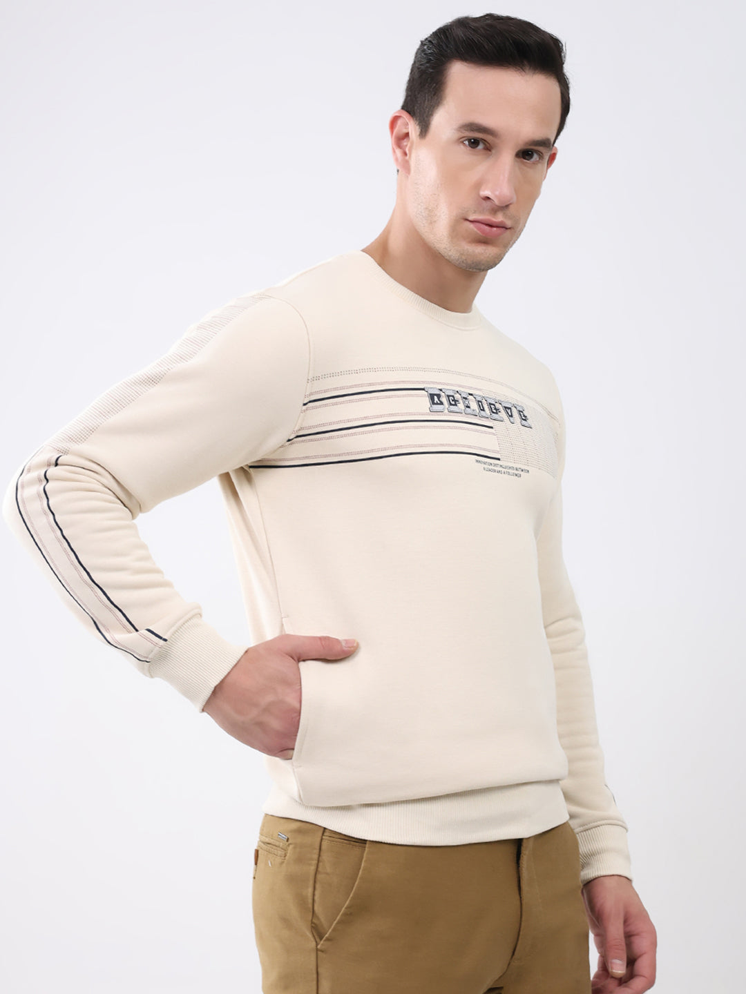 Men Beige Printed Round Neck Full Sleeve Sweatshirt