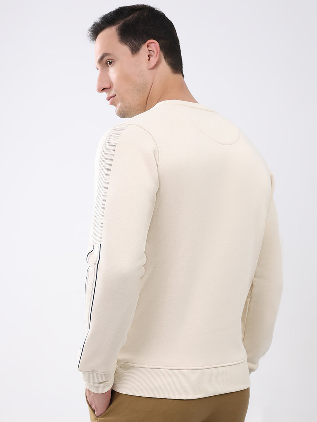 Men Beige Printed Round Neck Full Sleeve Sweatshirt