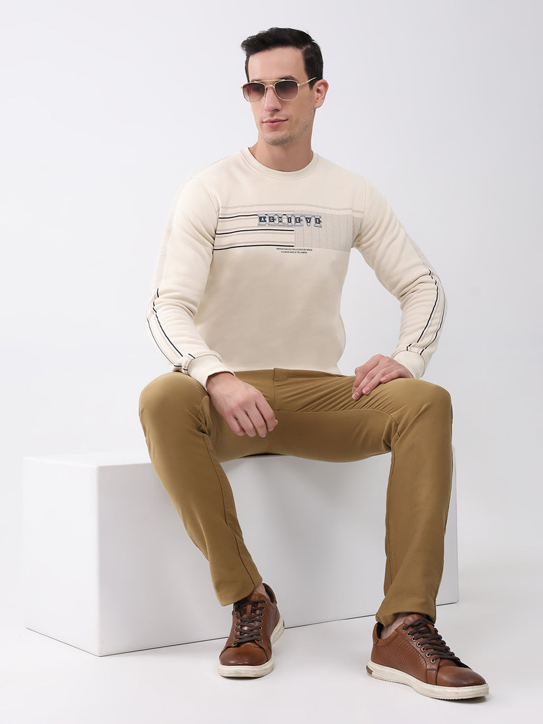 Men Beige Printed Round Neck Full Sleeve Sweatshirt