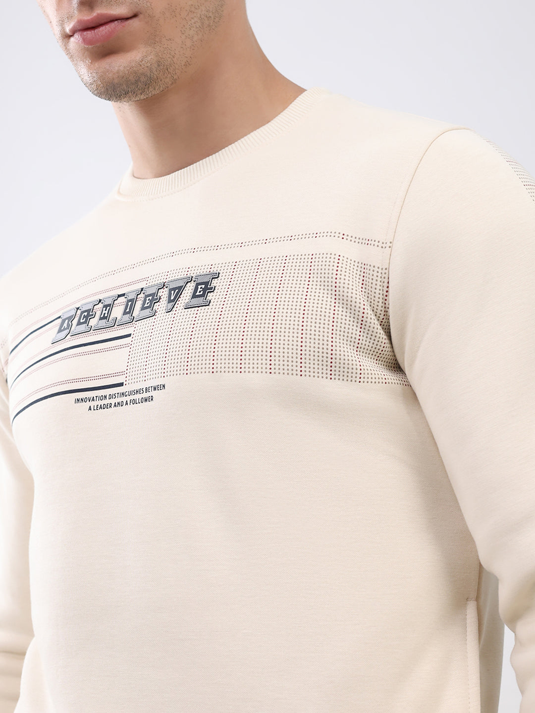 Men Beige Printed Round Neck Full Sleeve Sweatshirt