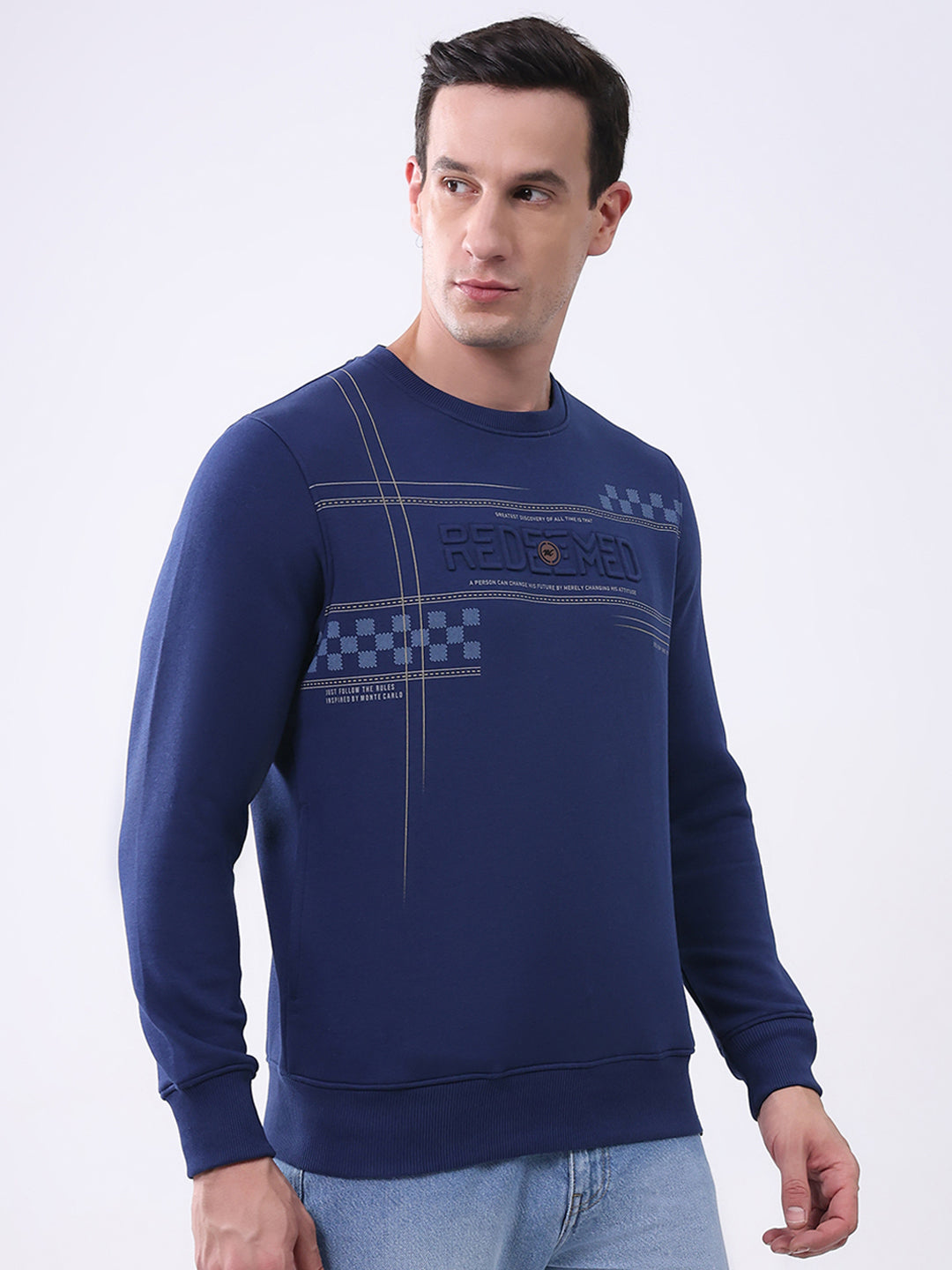 Men Blue Printed Round Neck Full Sleeve Sweatshirt