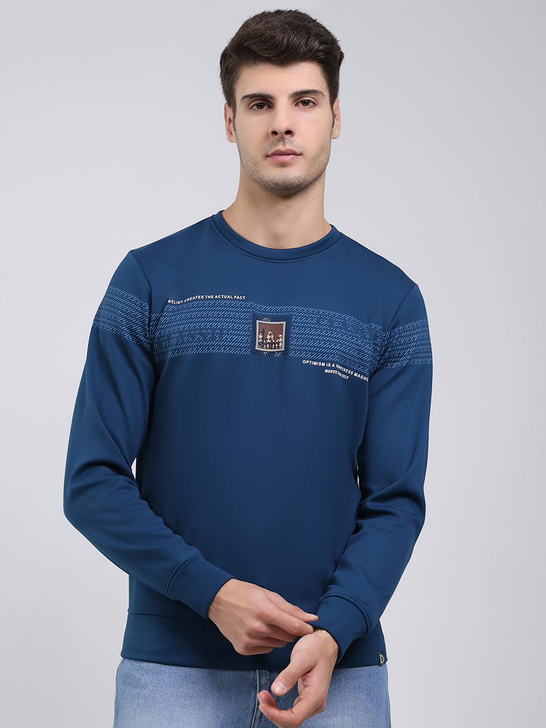 Men Blue Printed Round Neck Full Sleeve Sweatshirt