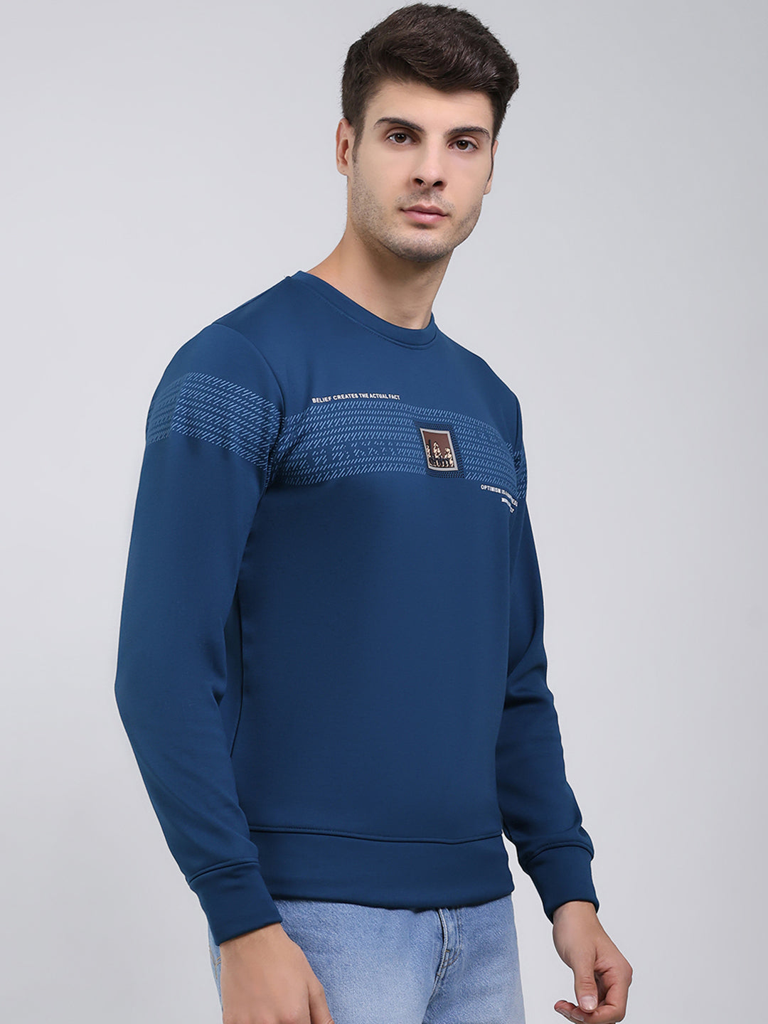 Men Blue Printed Round Neck Full Sleeve Sweatshirt