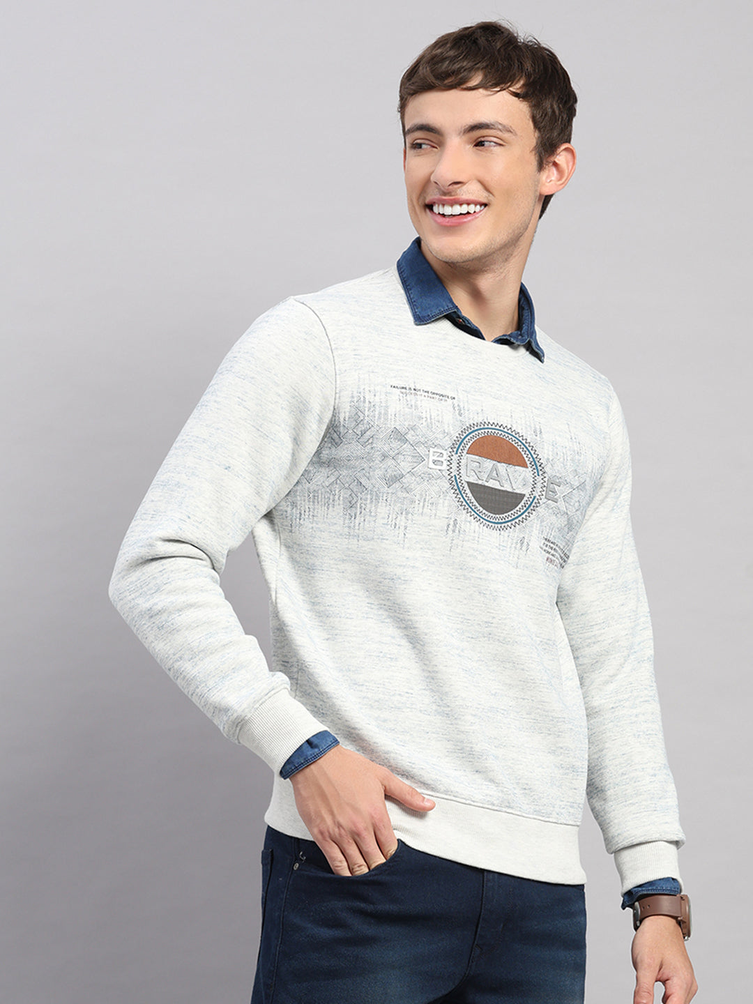 Men Grey Printed Round Neck Full Sleeve Sweatshirt