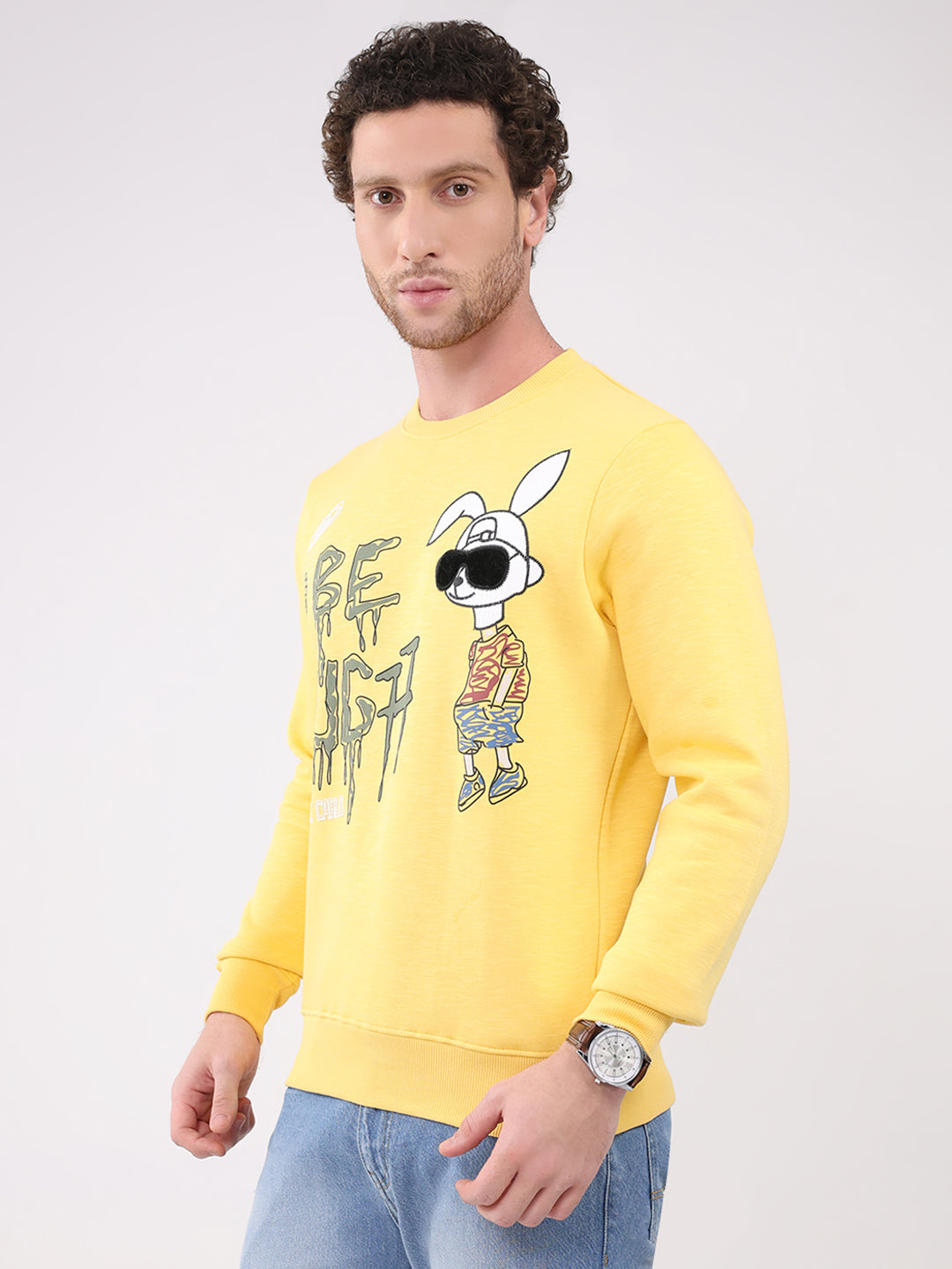 Men Yellow Printed Round Neck Full Sleeve Sweatshirt