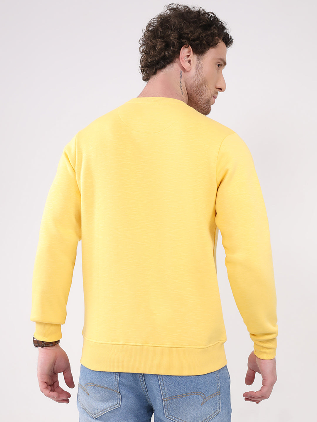 Men Yellow Printed Round Neck Full Sleeve Sweatshirt