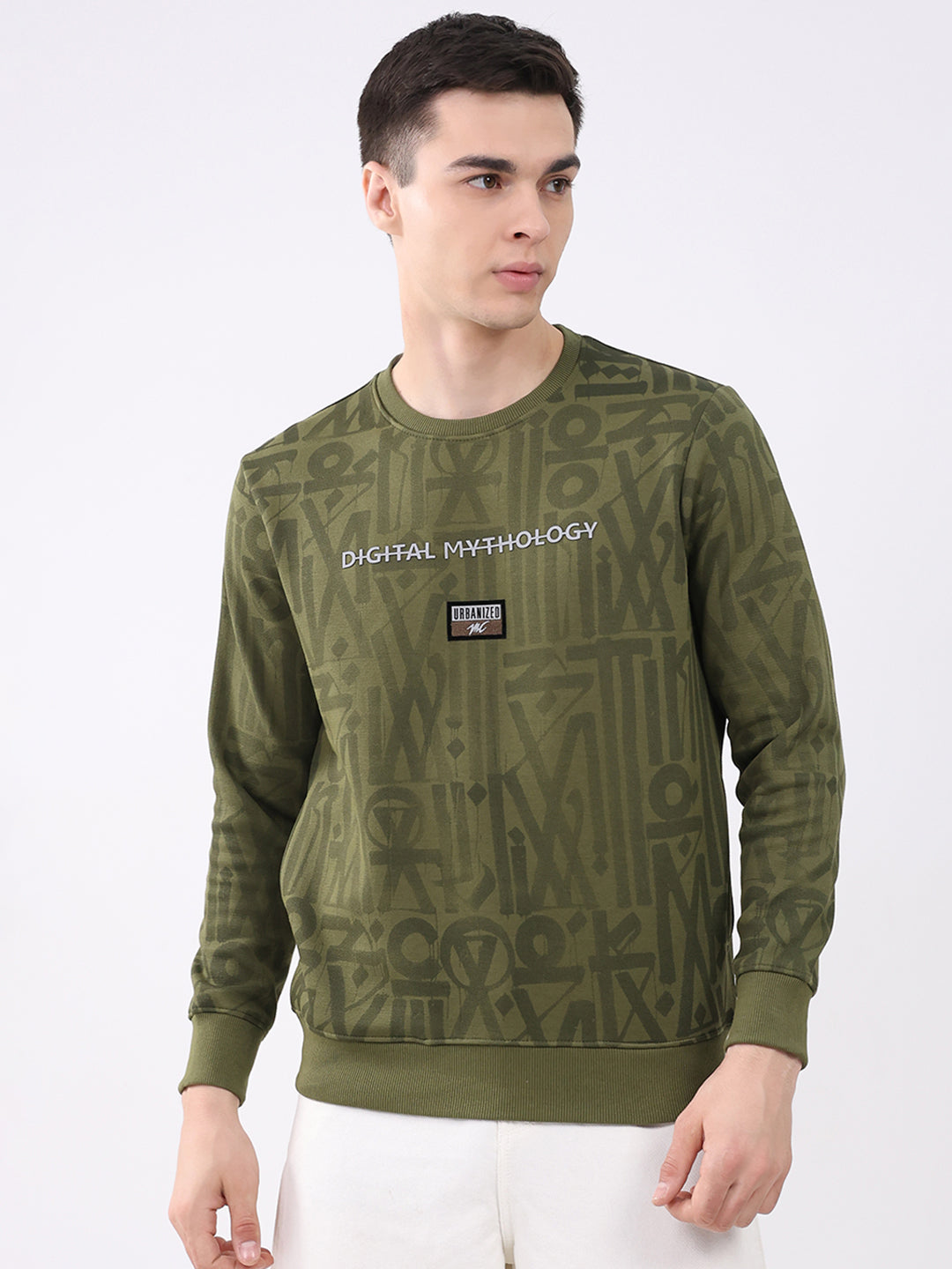 Men Green Printed Round Neck Full Sleeve Sweatshirt