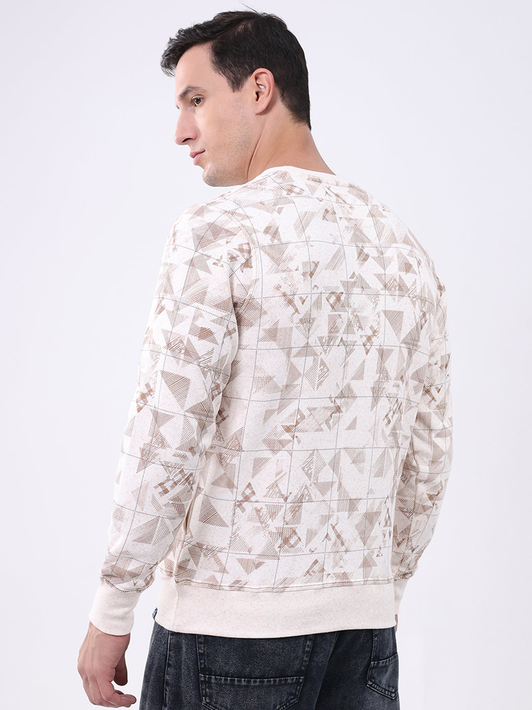 Men Beige Printed Round Neck Full Sleeve Sweatshirt