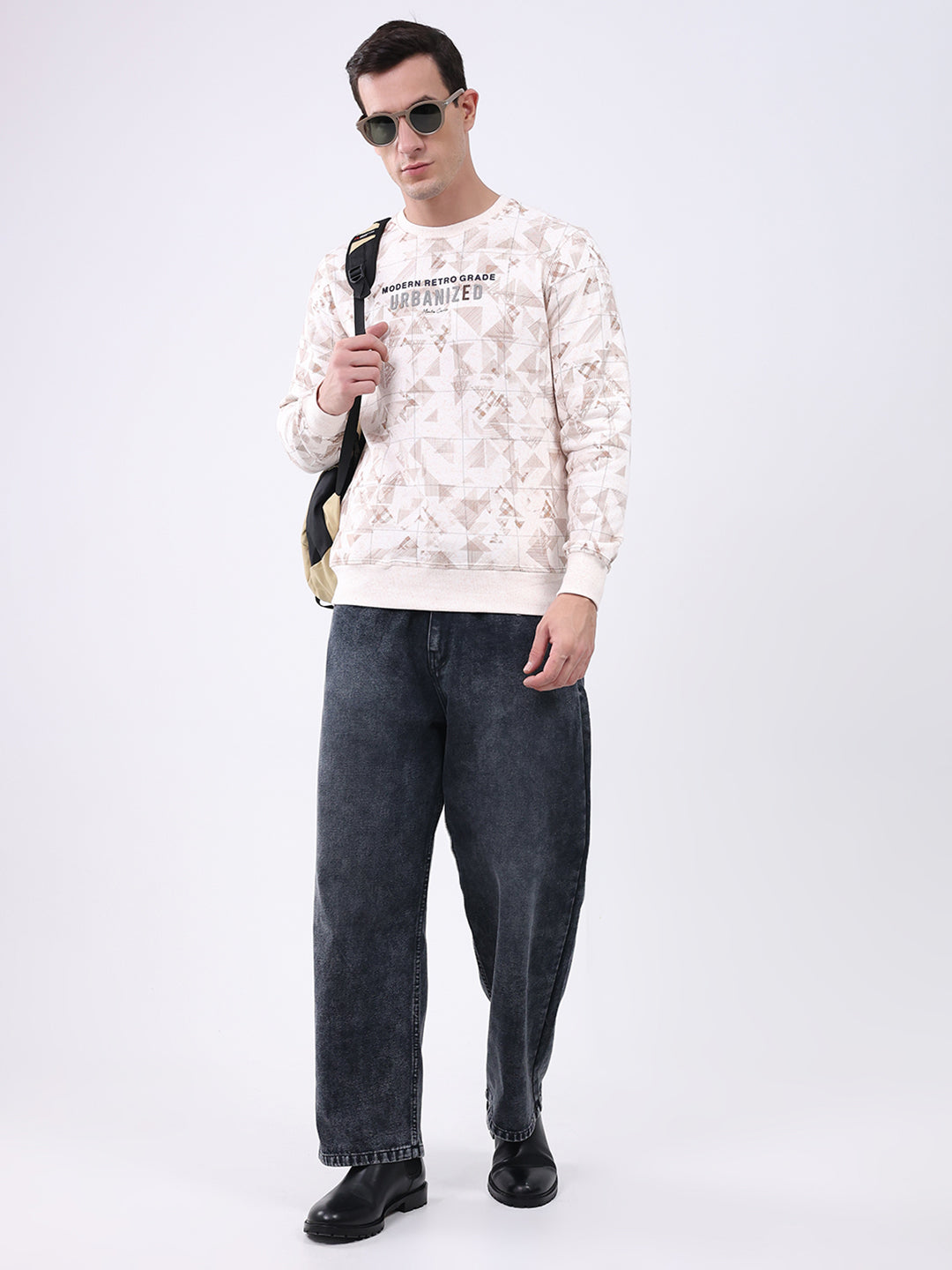 Men Beige Printed Round Neck Full Sleeve Sweatshirt
